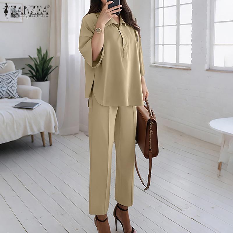 ZANZEA Women 3/4 Sleeve Blouse and Pants Casual Two Piece Suit Sets