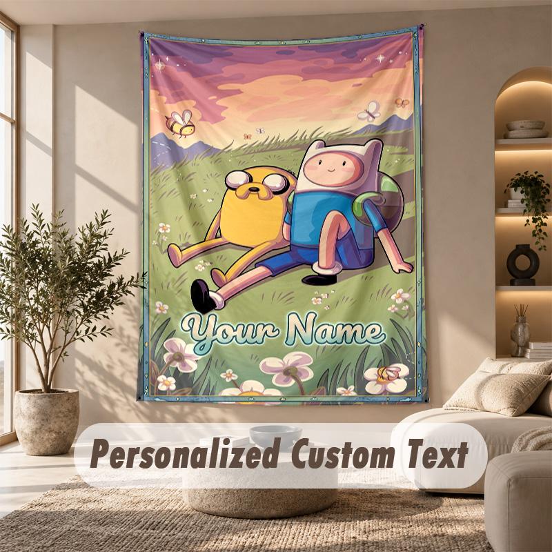 Adventure Time Cartoon Tapestry, Personalized Custom Text, Wall Hanging Tapestry For Living Room Home Wall Decor