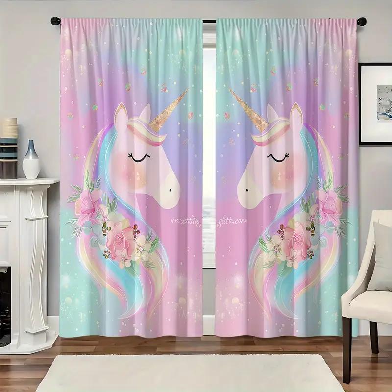 2Pcs Pink Green Unicorn Curtain With Pole Bag Design, Protecting Privacy, Suitable For Various Decorative Scenes