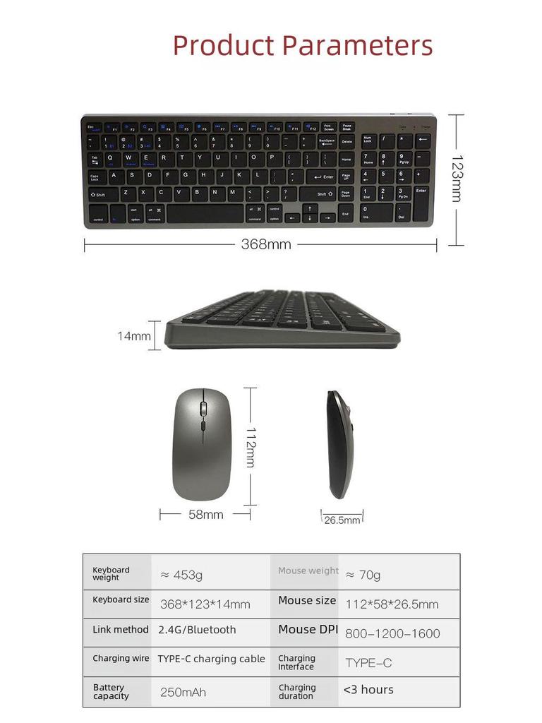 Multi-Device Wireless Mouse & Keyboard Set: Three-Mode and Dual-Mode Connectivity for Notebooks, Desktops, Tablets, and Mobile Phones.