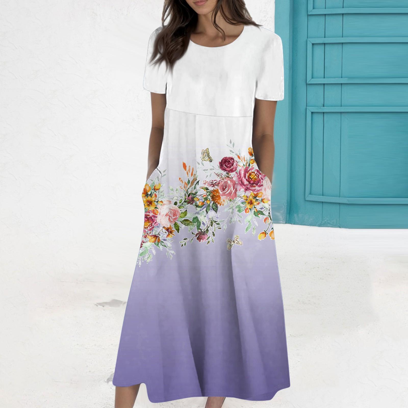 

Женское летнее повседневное модное платье с коротким рукавом и карманом с круглым вырезом S фиолетовый