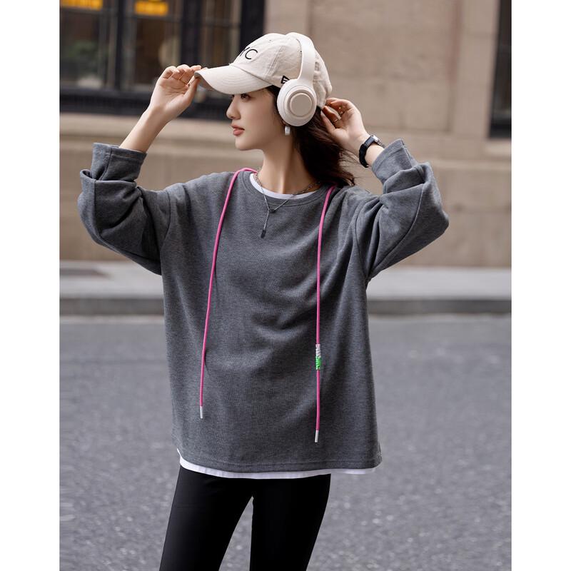 Demana Women's College Style Round Neck Sweatshirt with Contrast Drawstring