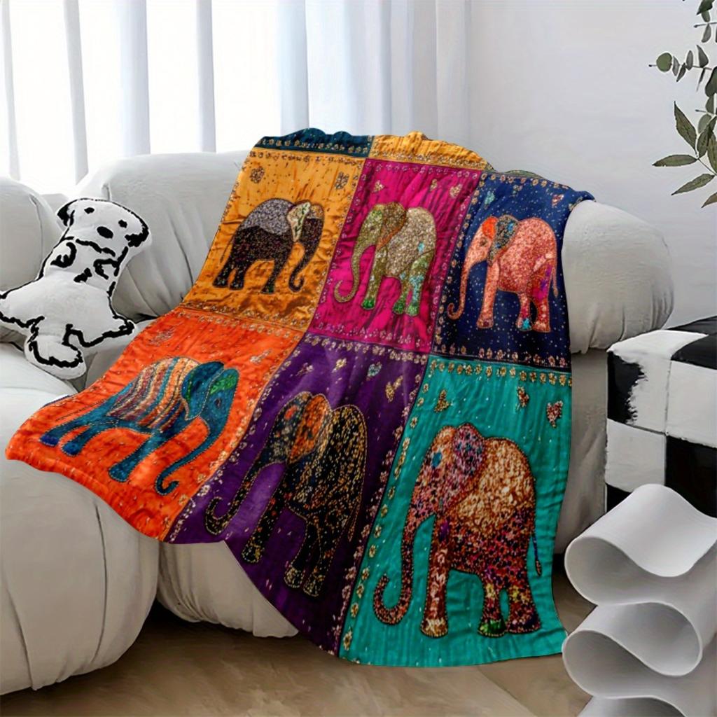 Manta Patchwork Elefante Bohemio Multicolor Ligera para Todas las Estaciones, Manta para Sofá Cama, Decoración del Hogar, Camping y Regalos