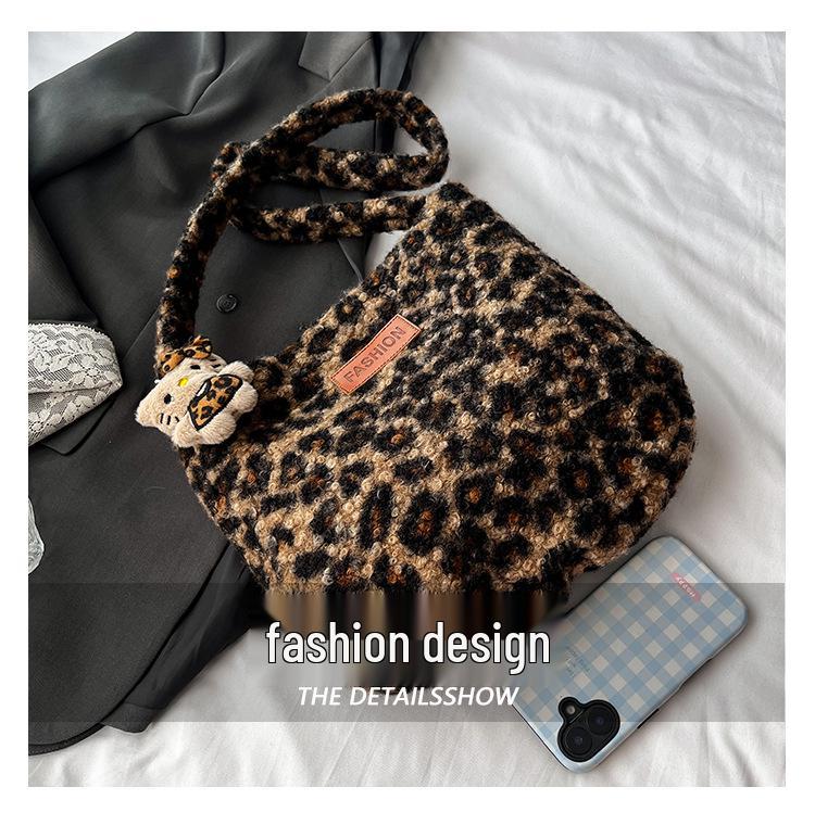 Autumn/Winter 2025 Korean Style Leopard Print Plush Tote Bag - Versatile Shoulder & Crossbody for Women