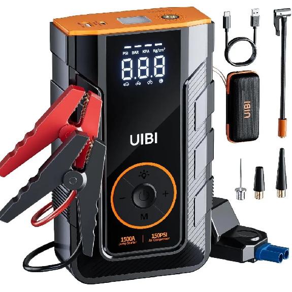 

4-IN-1 Car Jump Starter with Air Compressor Peak 1500A Auto Battery Booster 150PSI Air Pump Portable Power Bank Tire Inflator X3
