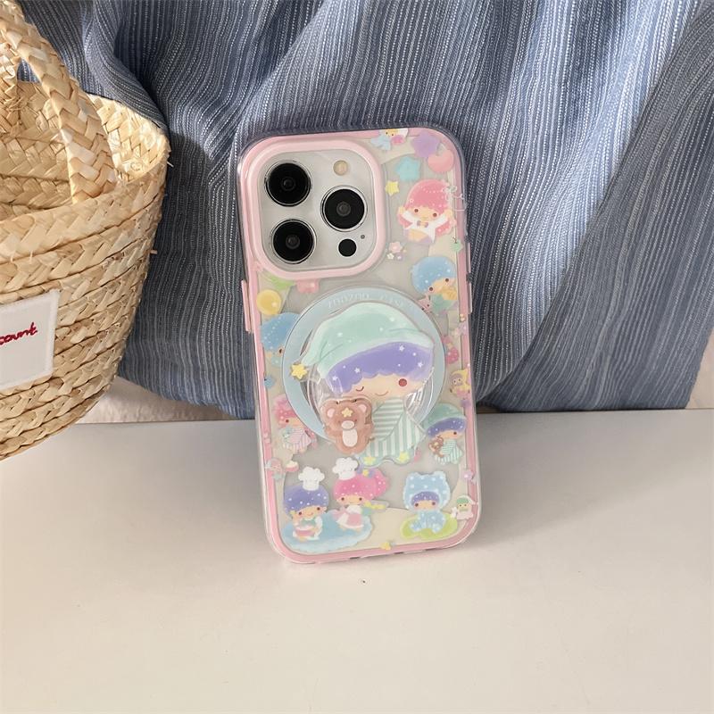 Kawaii Cartoon Magnetic Stand Phone Case For iPhone 16 Pro 15 14 13 Pro Max Cover for Magsafe Shockproof Silicone Cute Cases