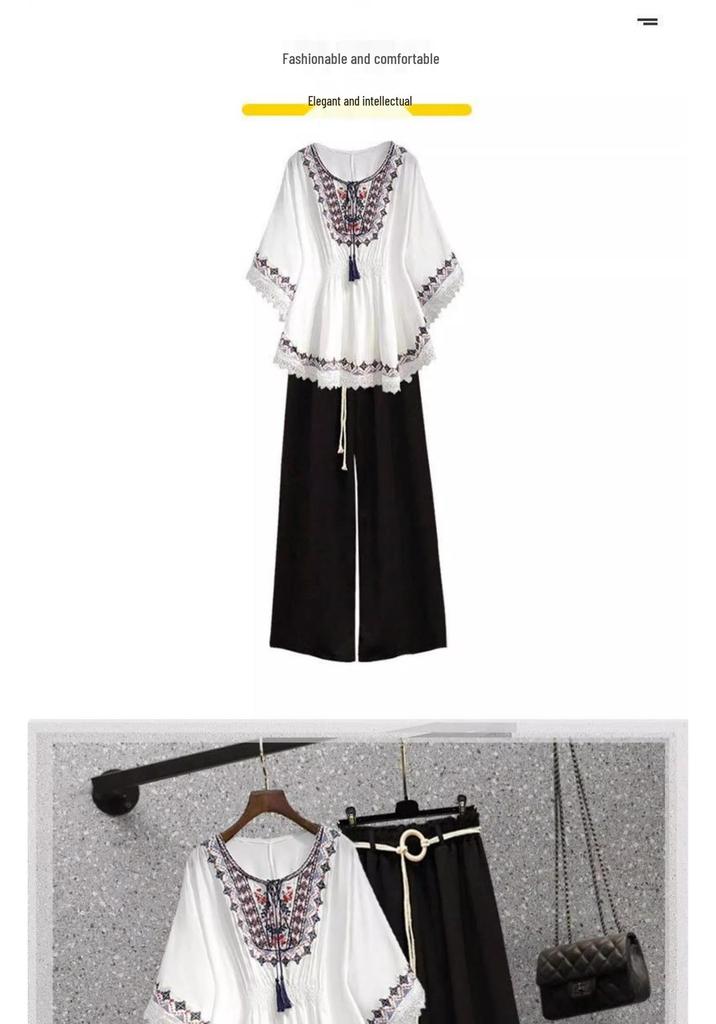 2026 Summer Ethnic Style Plus Size Lace Shirt for Women – Loose, Slimming Top for Curvy Figures