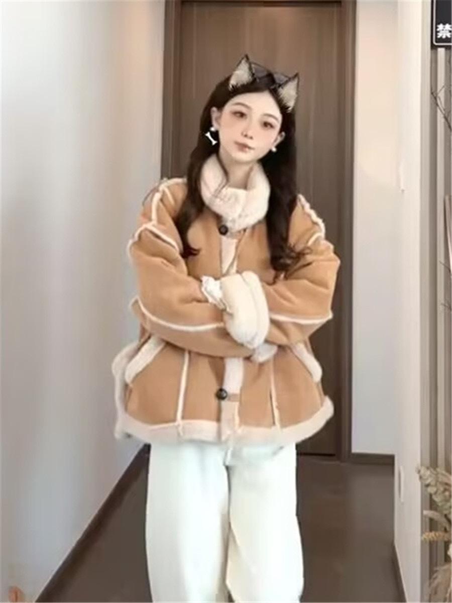 

Женское пальто из искусственного меха ягненка, зима 2025, новая свободная маленькая универсальная плюшевая кофта из ягненка S хаки