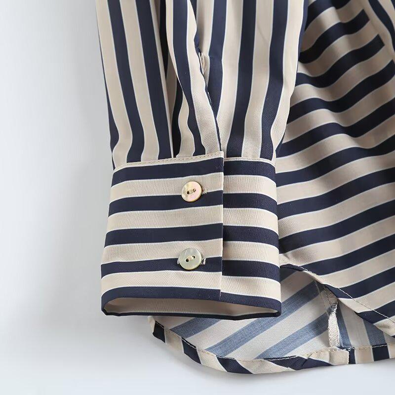 2025 Spring Women's Asymmetrical Striped Turn-Down Collar Long-Sleeve Shirt