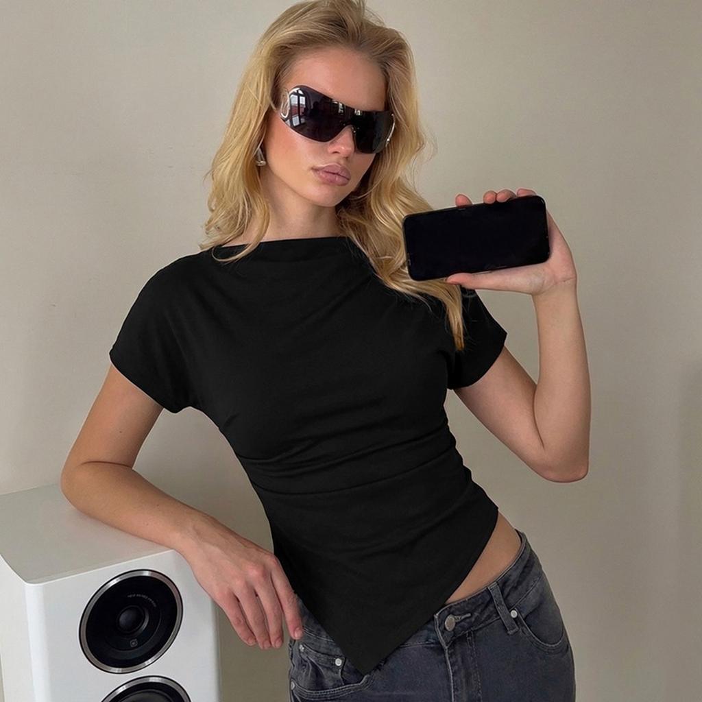 Damen Slim Fit Raffung Kurzarm T-Shirt Top Asymmetrischer Saum Dehnbar Lässige Bluse für den täglichen Gebrauch