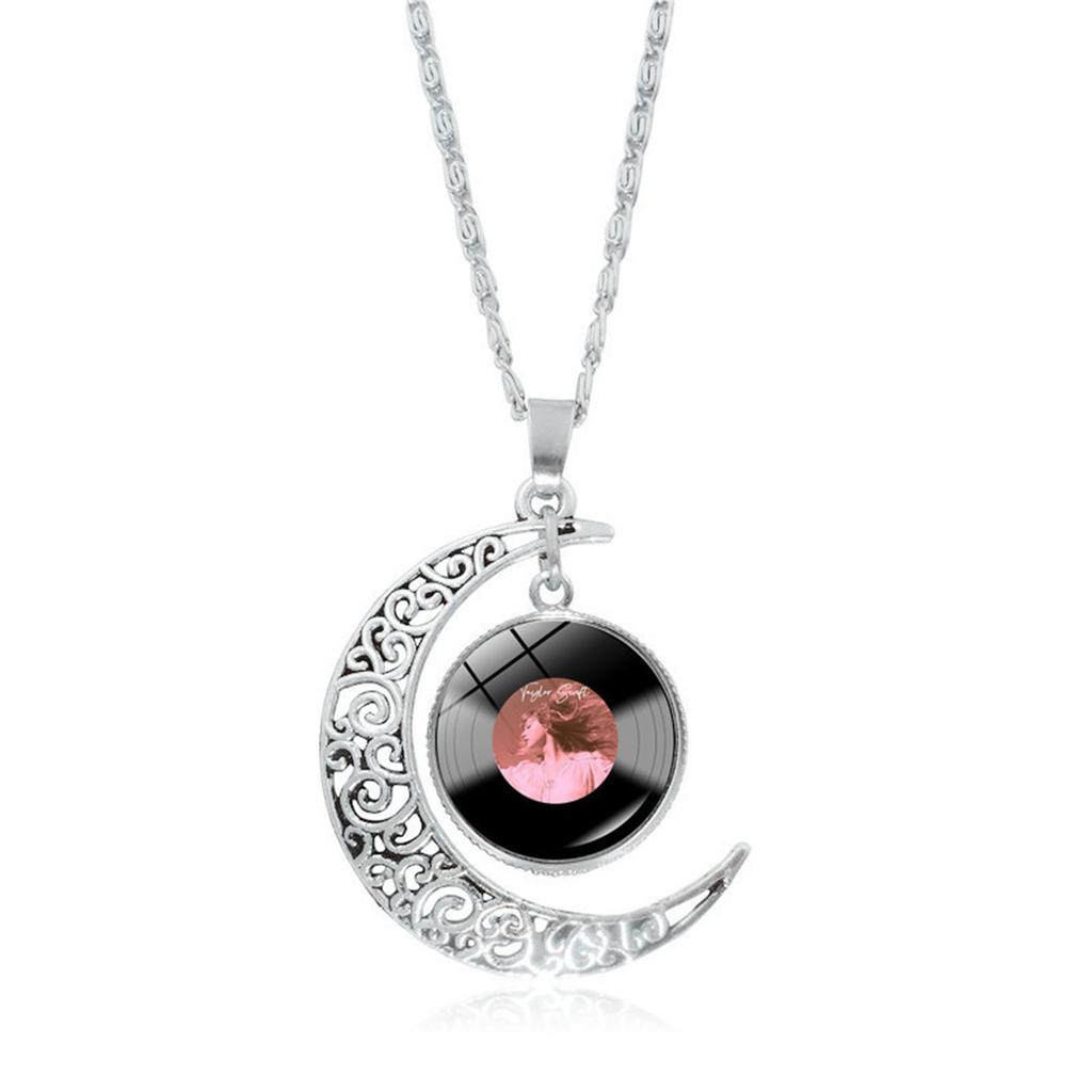 Fashion Jewelry Hollowed Out Moon Mold Black Vinyl Record Pendant Necklace