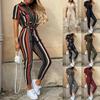 Summer Women's Trousers Casual Lapel Button Print Belt Cargo Jumpsuit