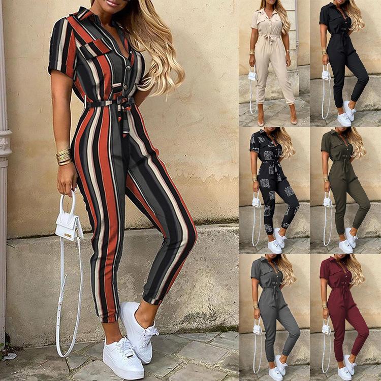 Summer Women's Trousers Casual Lapel Button Print Belt Cargo Jumpsuit