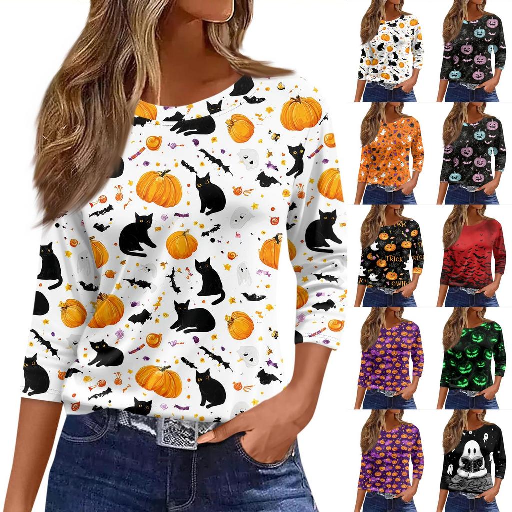 Women's 3/4 Sleeve Loose Fit Casual Shirt Round Neck Pullover Top Halloween Print Graphic T-Shirt for Everyday Wear