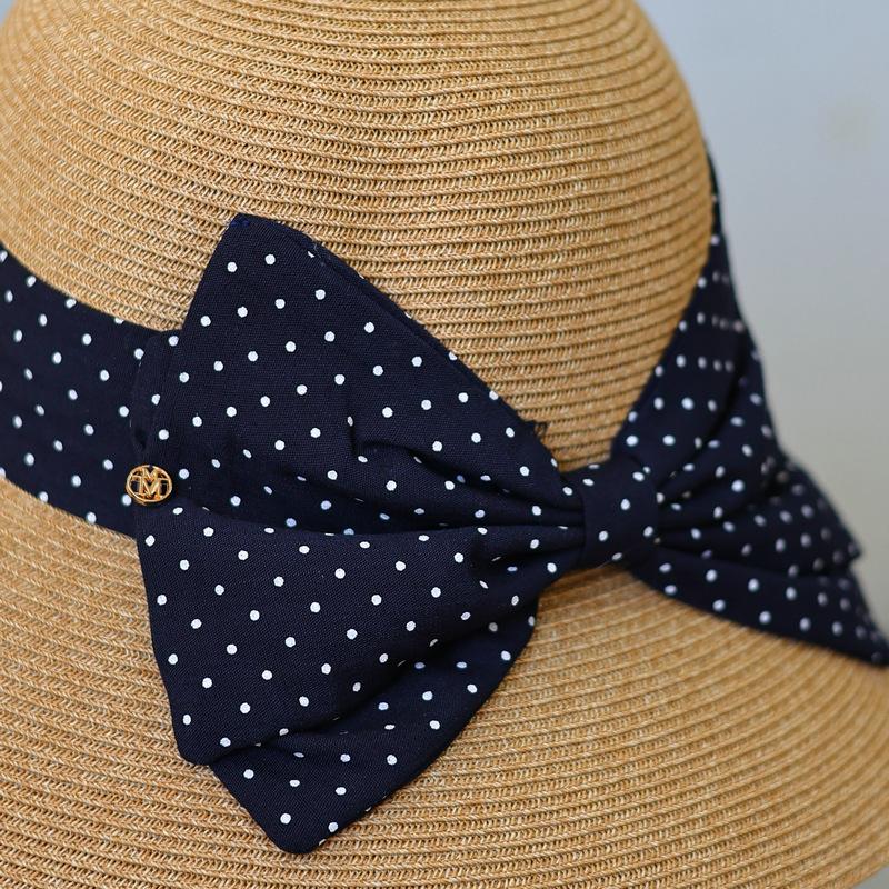 Hepburn style polka dot bow big brim straw hat elegant retro fashion spring and summer sun protection beach bucket hat