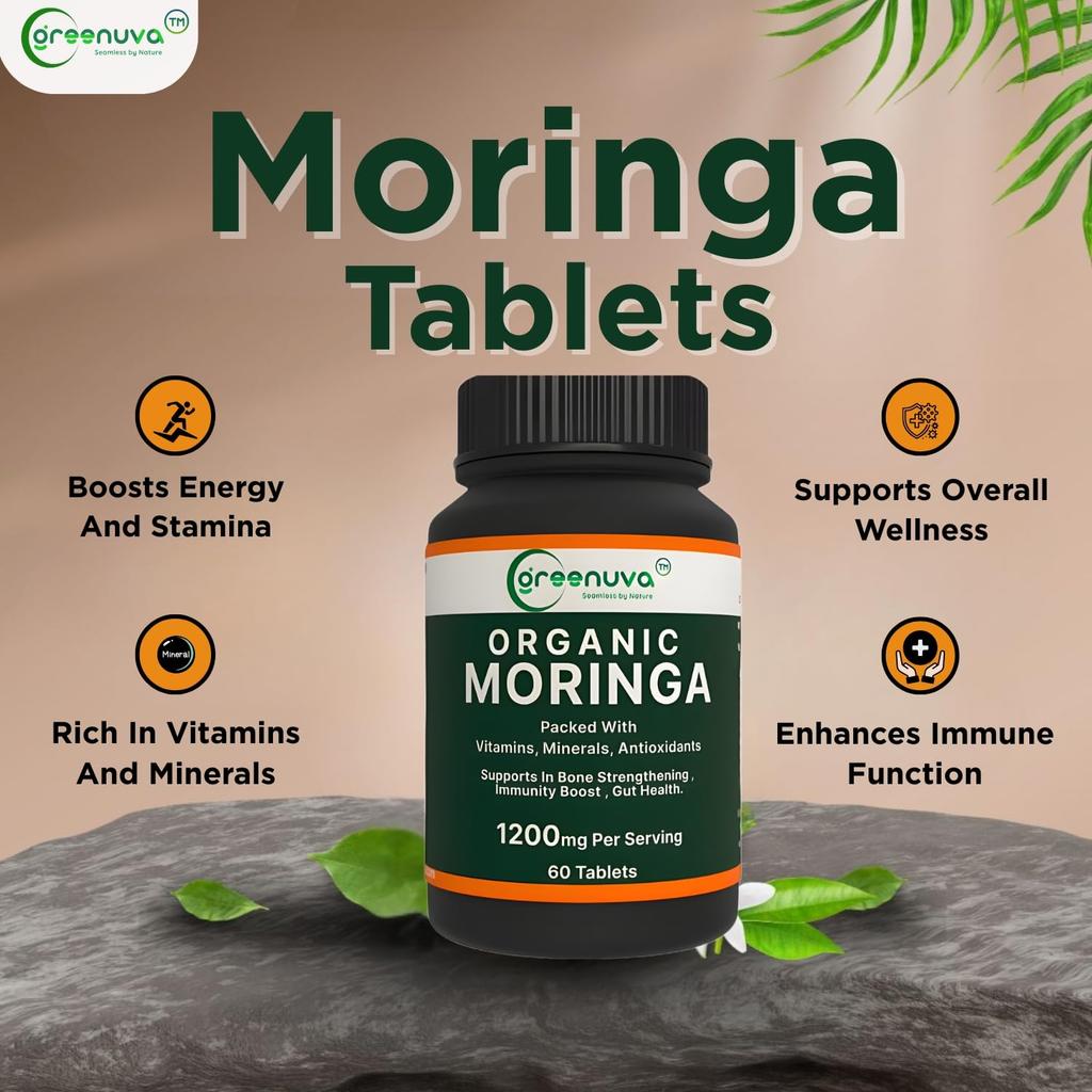 Greenuva Moringa Tablets | 60 Tablets (60g) | Daily Energy, Strength & Immunity Support | Natural Herbal Nutrition Supplement for Men & Women