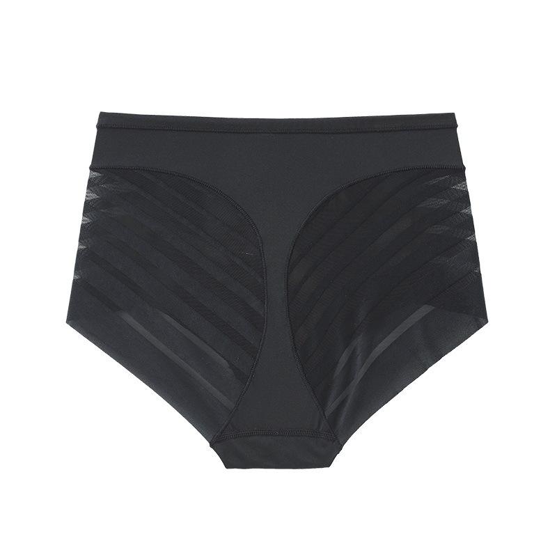 Plus Size Mid-Waist Women's Briefs - Light Tummy Control, Hip-Lifting, Striped Mesh, Breathable, Thin, Pure Cotton Crotch.