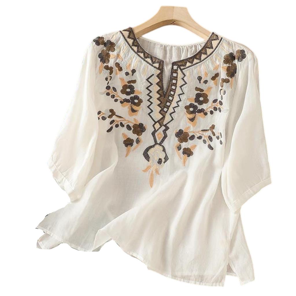 Women's Vintage Inspired Relaxed Fit Embroidered Cotton Linen Blend V-Neck Blouse With Mid Length Sleeves