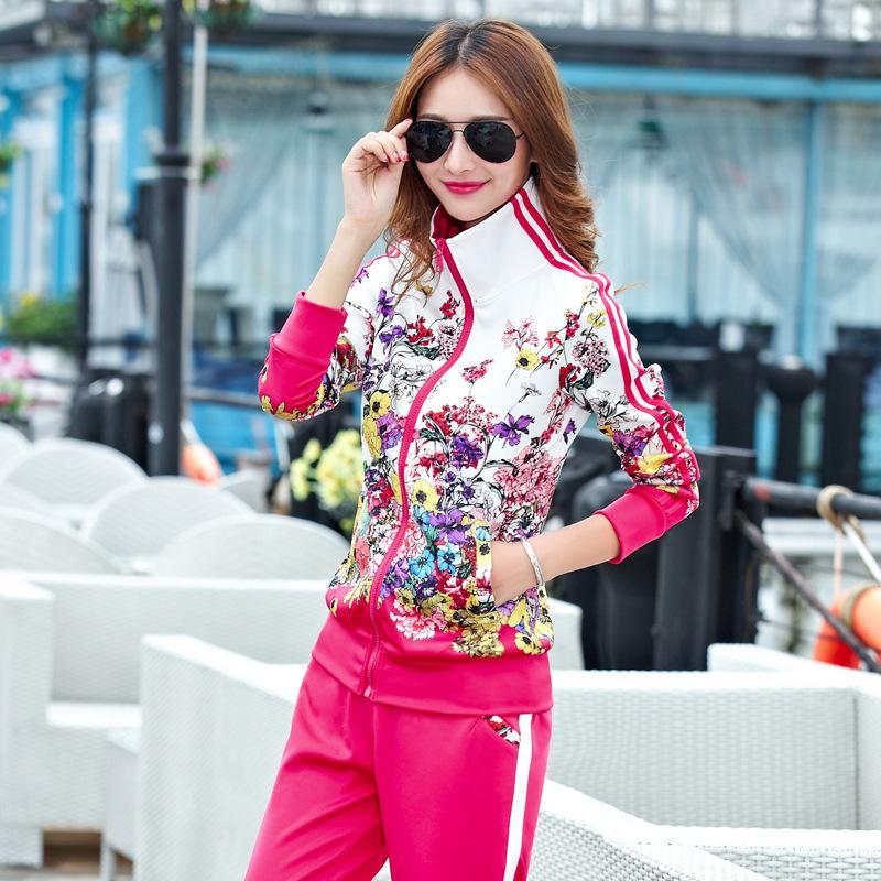 Conjunto de entrenamiento para correr para mujer, ropa deportiva informal, chaqueta con estampado de flores, sudadera y pantalón deportivo, conjunto de 2 uds.