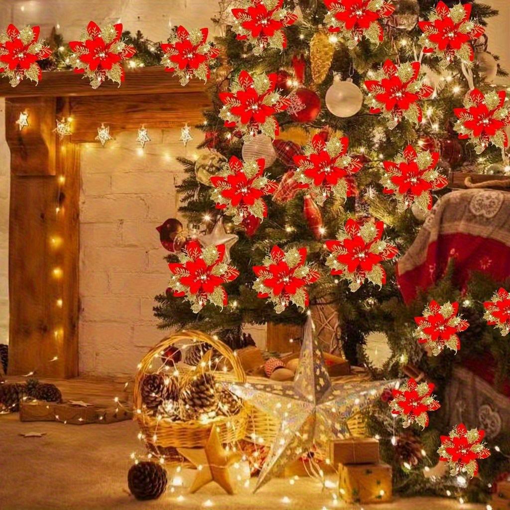 Artificial Flowers with Glittering Double Layer Layered Tree Decorations with Lush Green Foliage New Year Tree Toppers Reusable Holiday Decorat