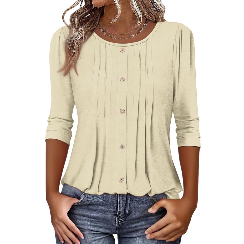 Women's Fashionable Casual Three,quarter Sleeve Button Color Round Neck Top