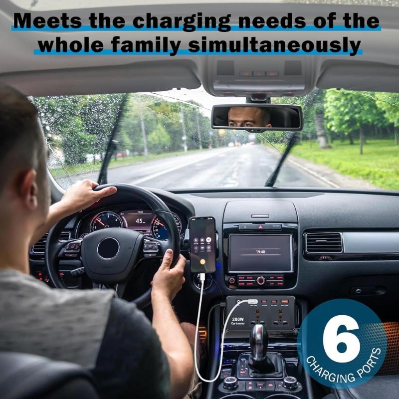 200W Car Power Inverter DC12V To AC220V with USB Ports for Tablets Laptops and Mobile Devices Long Drives Business Trips