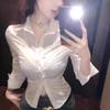 V-Neck Slim Fit Bodycon White Shirt for Women - Sexy Waist-Cinching Top with Chic Chest Design, Perfect for Autumn/Spring.