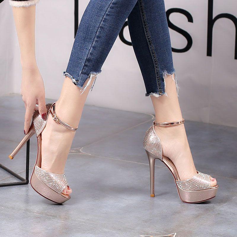 Fashion FHC 2025 New Women High Heeled Sandals,Platforms Rhinestone Summer Shoes,Peep Toe,Ankle Buckle Strap,Champagne,Silver,Dropship