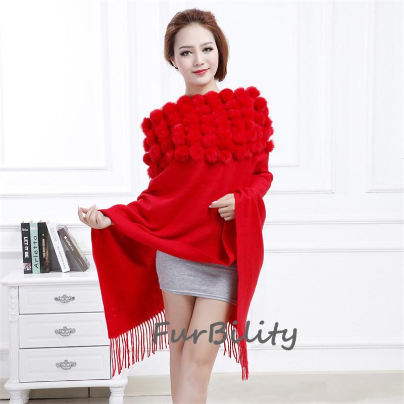 Women's Cashmere Wool Over Size Scarf With Rabbit Fur Ball Collar Winter Rabbit Fur Infinity Scarves Neck Fur Collar Hand Knit