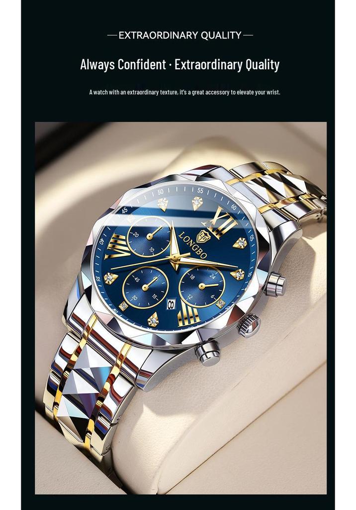 Longbo Men's Luxury Quartz Luminous Waterproof Roman Skeleton Wristwatch