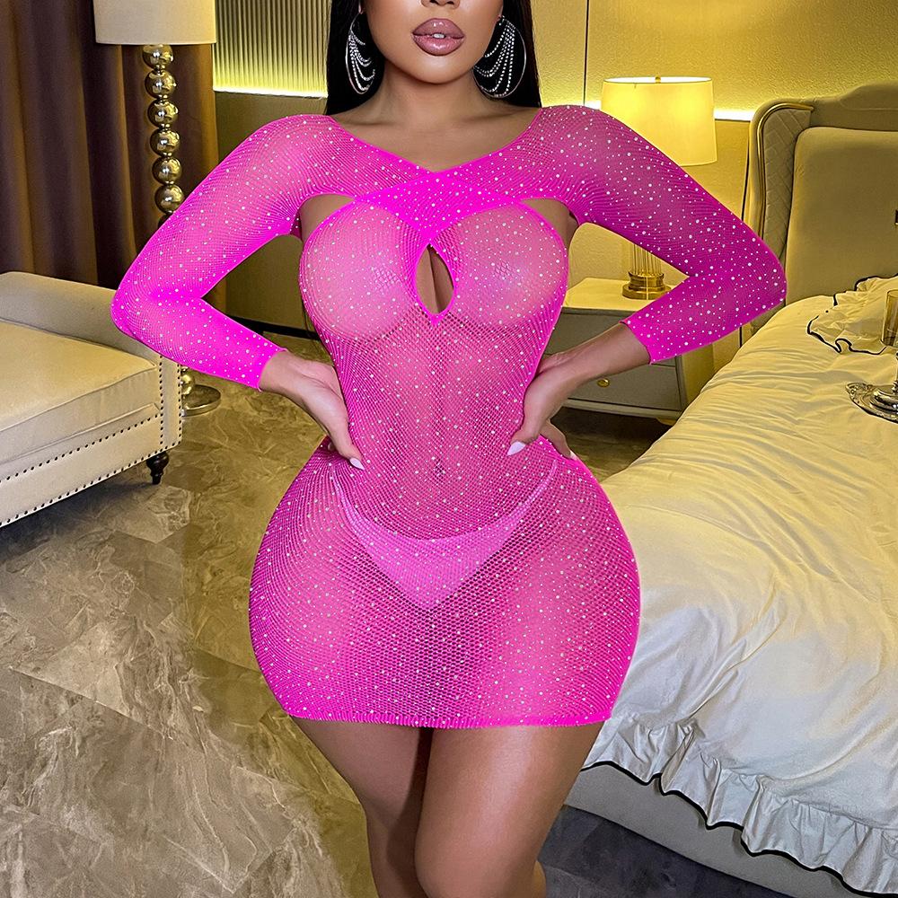 Hot Diamond Sex Underwear Cross Long Sleeve Hip Wrap Skirt Sexy Hollow Back Plus Diamond Pajamas Skinny Mesh