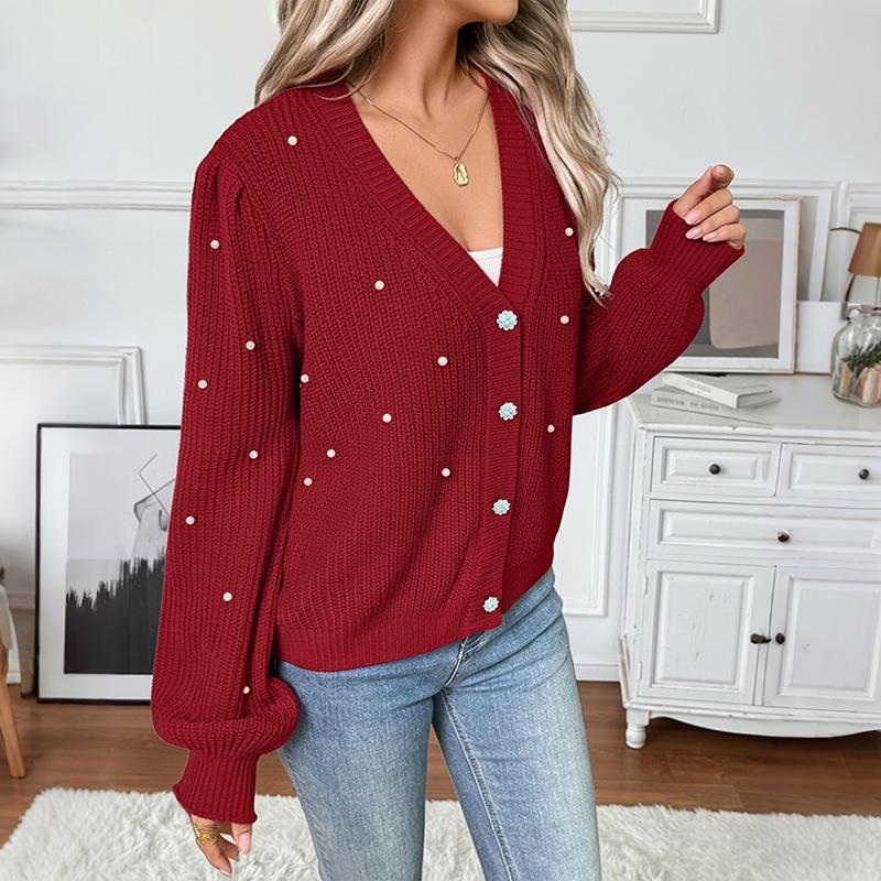 2026 Spring Valentine's Beaded V-neck Cardigan Sweater - Women's Fashion European & American Style