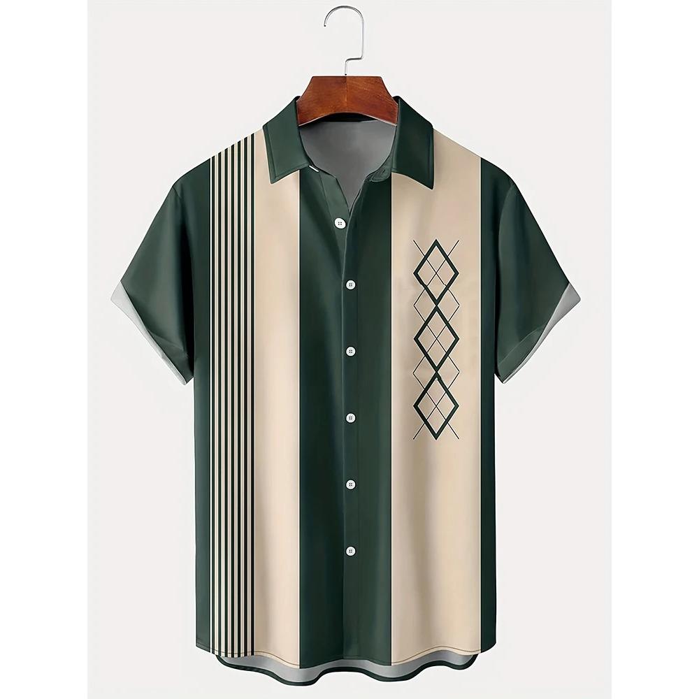 New Summer Outdoor Casual Men's Short-sleeved Shirt, Striped Printed Men's Shirt, Street Daily Fashion Men's Short-sleeved Shirt