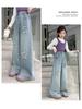 Girls' Embroidered Wide-Leg Denim Pants - Spring & Fall 2026 Junior High Style