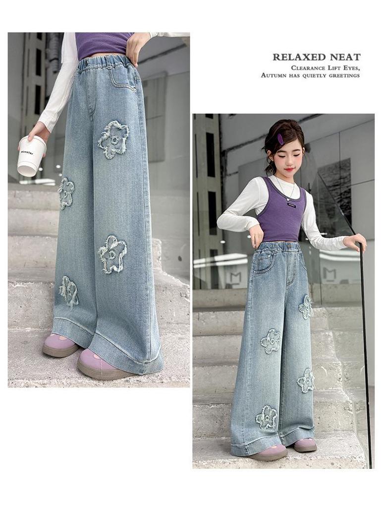 Girls' Embroidered Wide-Leg Denim Pants - Spring & Fall 2026 Junior High Style