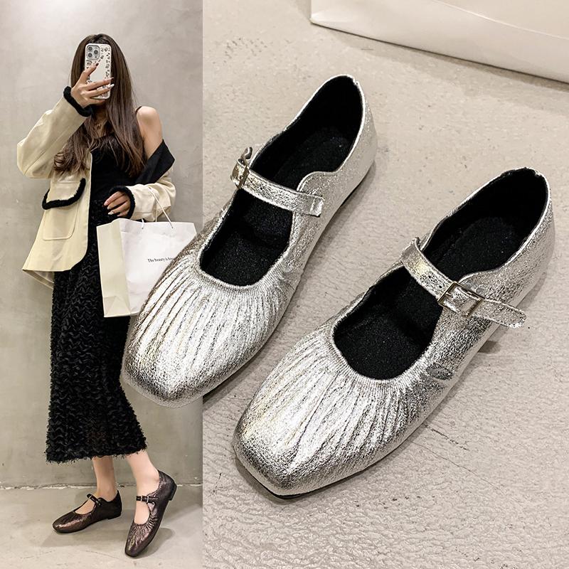 Leather Casual Flats Shoes for Women Spring 2025 Low Heels Shoes Buckle Straps Classic Office Daily Size