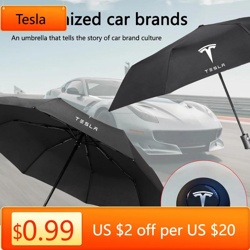 Car Sticker Tesla Car Emblem Portable Automatic Folding Rain Umbrella For Tesla Model S Model X Model 3 Roadster Cybertuck Auto