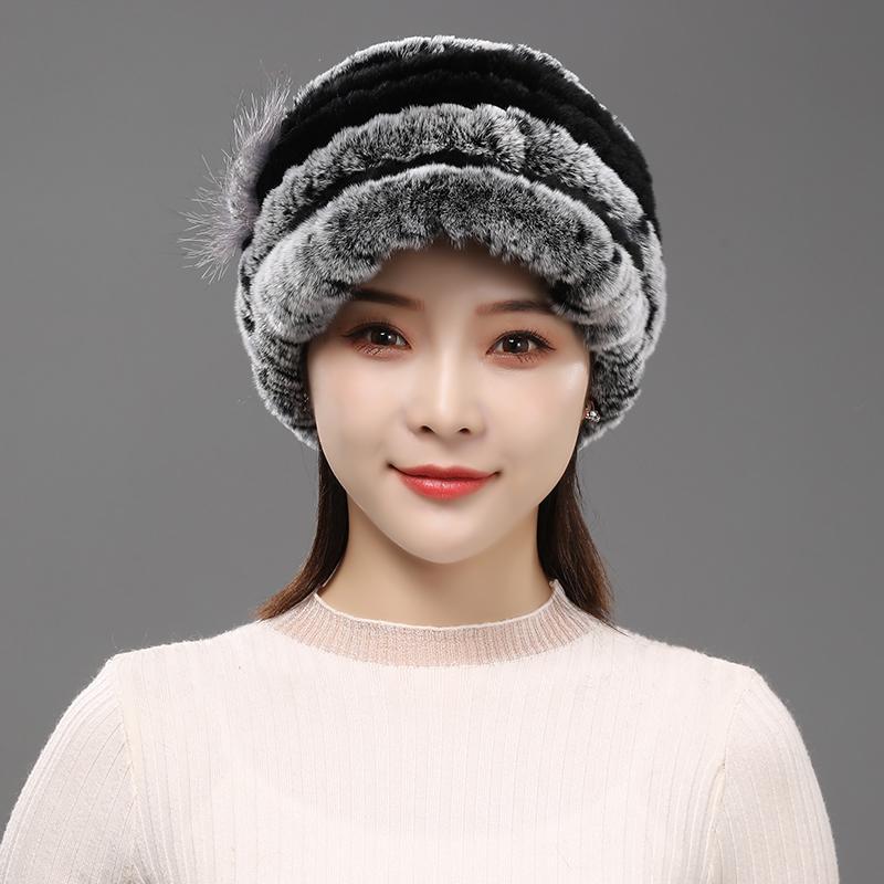 Fur Hat for Women Winter Rex Rabbit Fur Middle-aged and Elderly Ladies Mothers and Grandmothers Fashionable and Warm Knight Cap