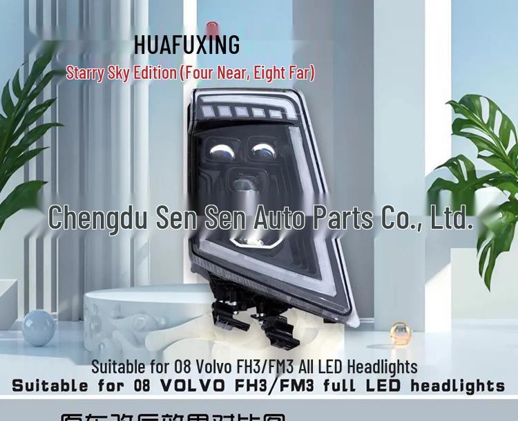 Euro Truck Simulator Volvo FH13 FM3 Full LED Headlight Assembly: Four-Lens with Four Low Beam & Eight High Beam Laser Headlights.