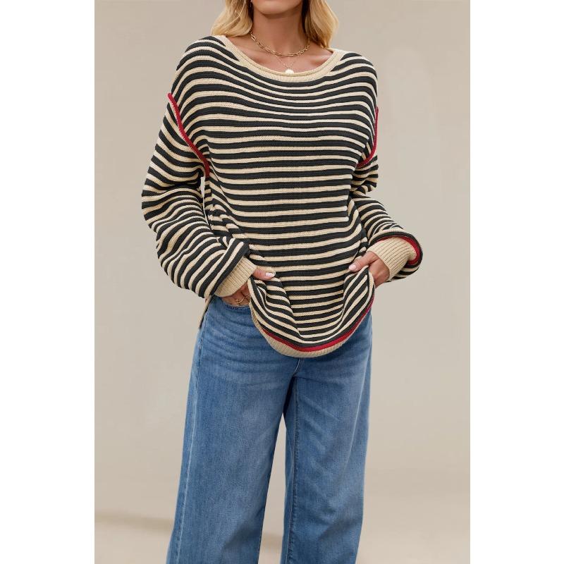 Women's Fashion Casual Fall Winter Stripe Print Long Sleeve O-Neck Tops Women's Clothing Woolen Knitwear Sweaters