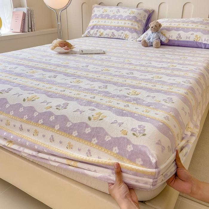 Winter thickened small fresh carved milk fleece fitted sheet flange coral fleece mattress protective cover