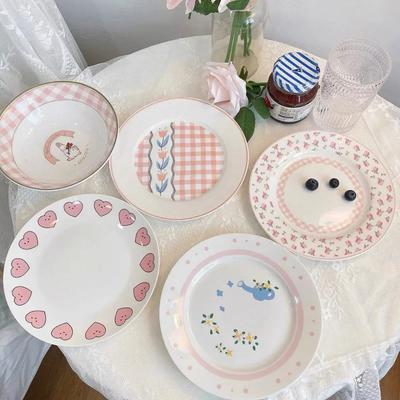 Tulpe Teller Ins Wind Retro Blume Bär Kirsche Lächelndes Gesicht Frühstück Keramik Dessertteller Western Food Teller Süßes Mädchen Netzrot
