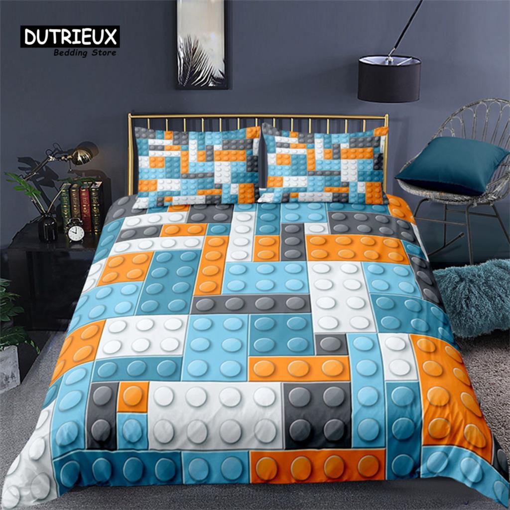 Colorful Toy Duvet Cover Funny Building Blocks Bedding Set With Pillowcases For Toddler Kids Teens Boys Girls Gift Bedroom Decor