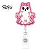 Pink Glitter Badge Reel Halloween Ghost Reel, Acrylic Retractable Holder Clip, Cute Heavy Duty ID Name for Women Nurse Teacher Medical Office
