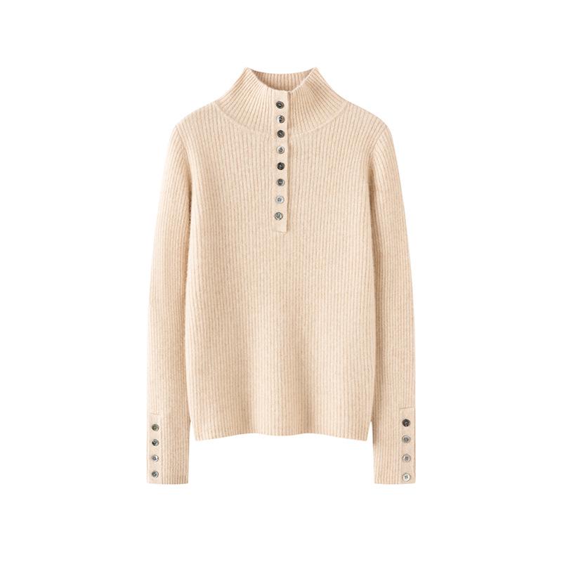 Women's 100% Cashmere High Neck Sweater, Slim Fit, Base Layer, Gold Button Detail, Knit