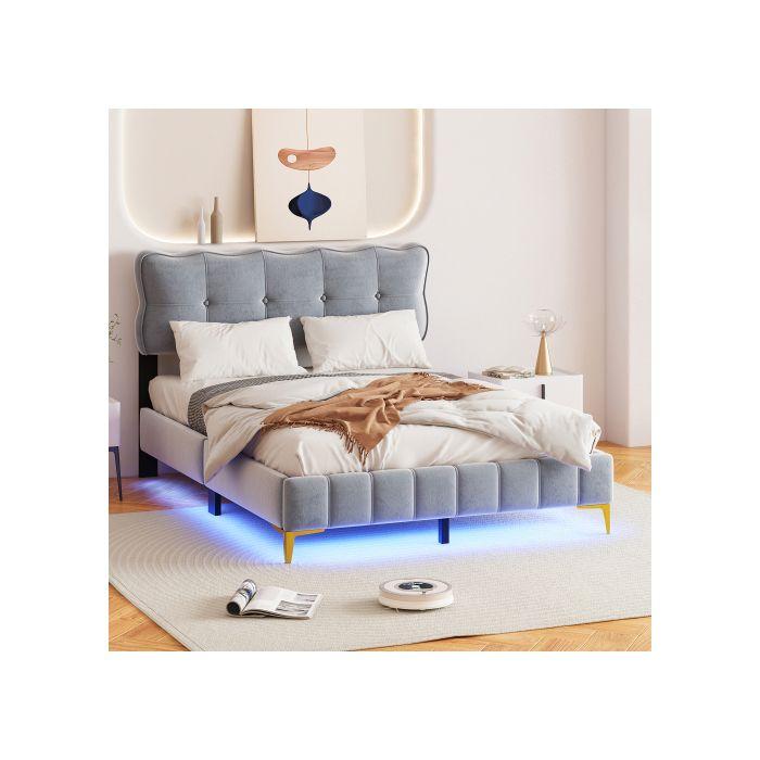 Lit Double - MUVOE - 140 X 200 Cm - Éclairage LED - Tissu Velours - Montage Facile