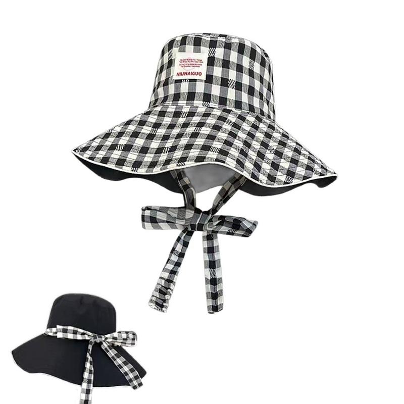 Women Sun Hat Sweet Plaid Wide Edge Fisherman Hat Outdoor Sun Protection Hat Travel Lace Up Hiking Large Brim Beach 5 Colors