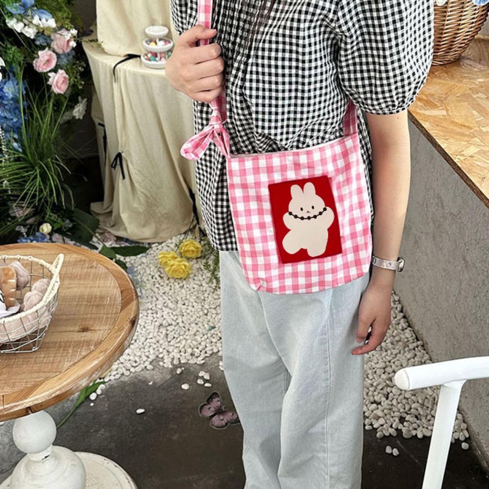 

Cartoon Crossbody Cloth Pouch Magnetic Button Canvas Phone Bag Rabbit Plaid Shoulder Bag Shopping рожевий