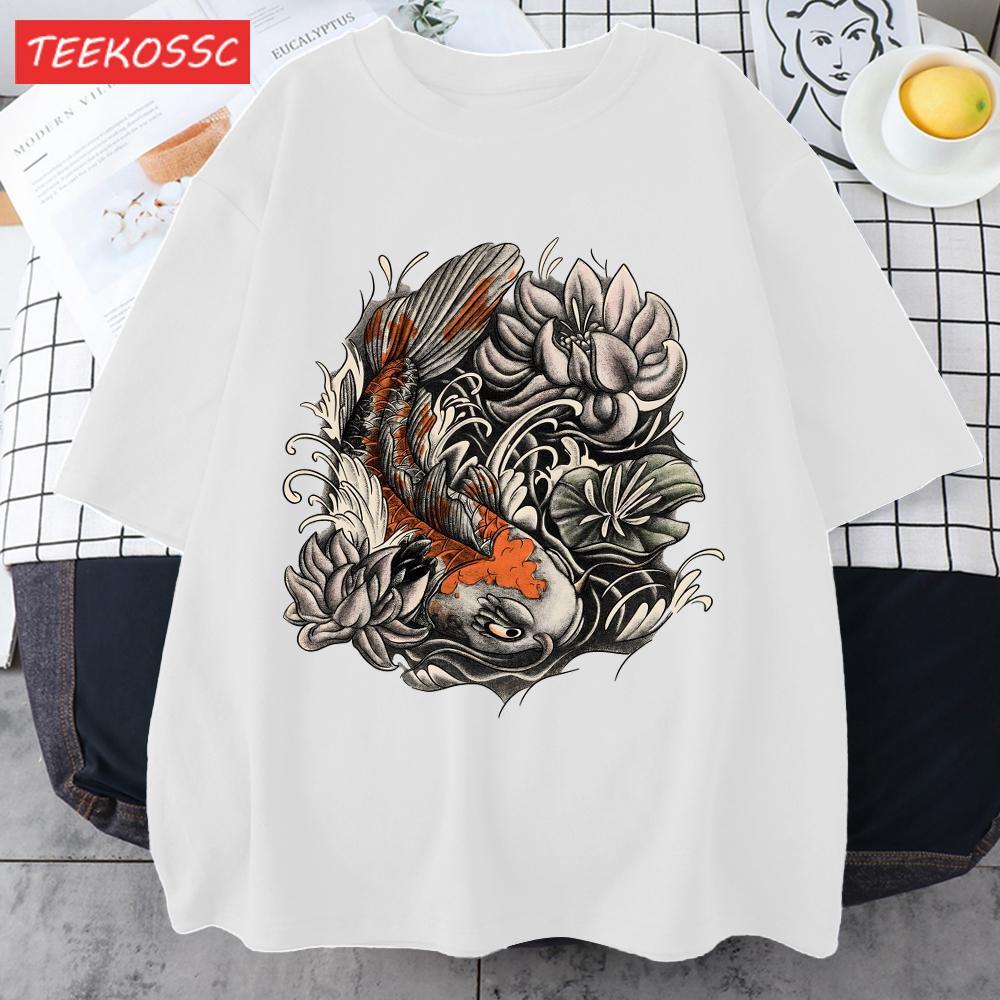 Japanese Harajuku Lotus Koi Print Men T Shirts AllMatch Cotton TShirt Casual Crewneck Loose Streetwear Man Summer Basics Top