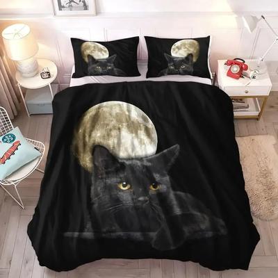 Wiccan Okkult Schwarze Katze Bettbezug Set, Gothic Schwarze Katze Bettwäsche Sets Mysteriöser Sonne und Mond Bettdeckenbezug Queen Size